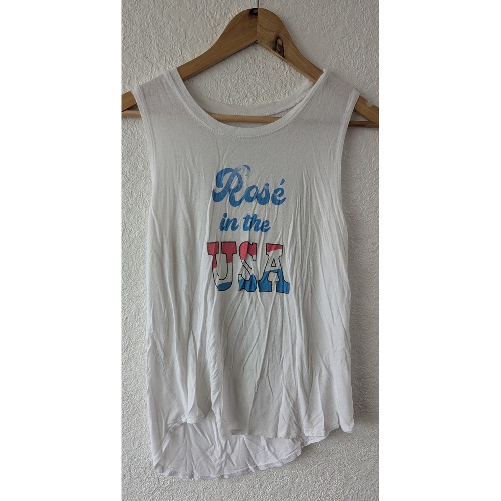 Miken Flow White‎ Rose in the USA Graphic High Low Muscle Tank Top Medium